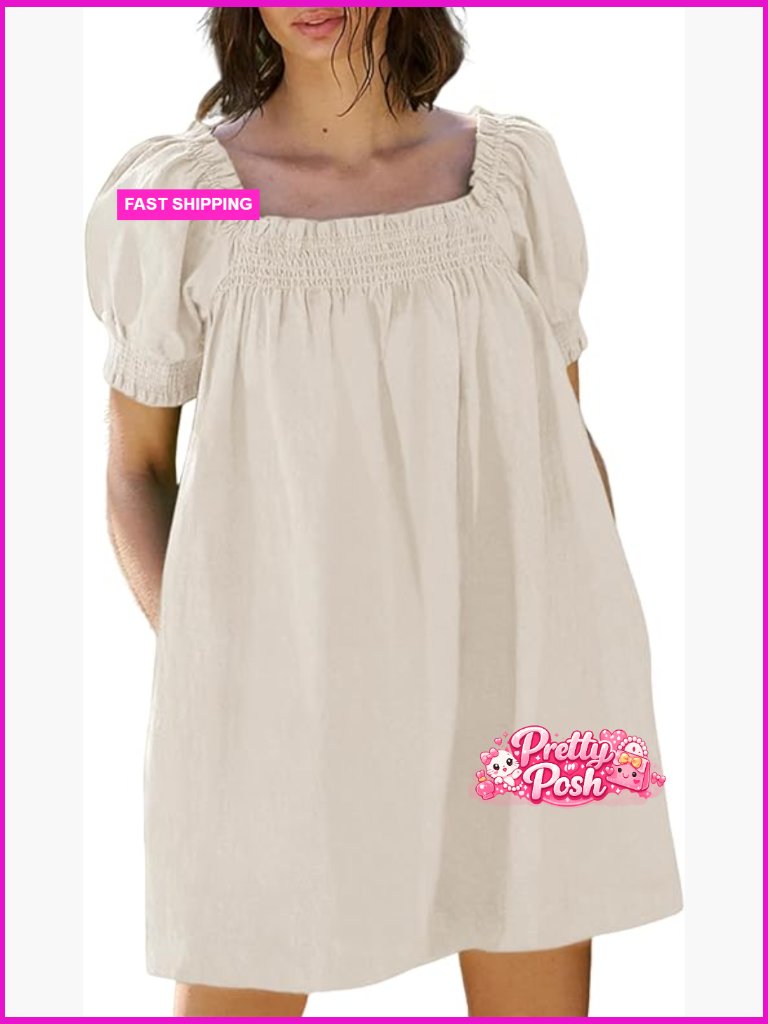 Cotton Linen A-Line Mini Dress With Puff Sleeves And Pockets